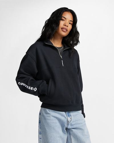 Converse Fleece Half-Zip Pullover Női Pulóverek Fekete | HU21567