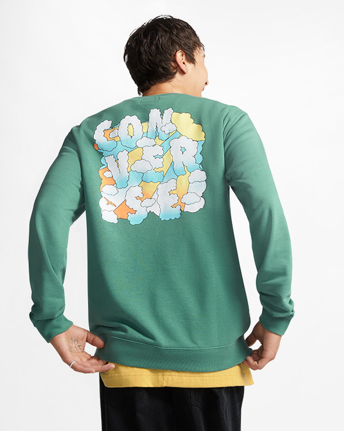 Converse Cloud Grafika Long Sleeve Crew Férfi Pulóverek Zöld | HU35140