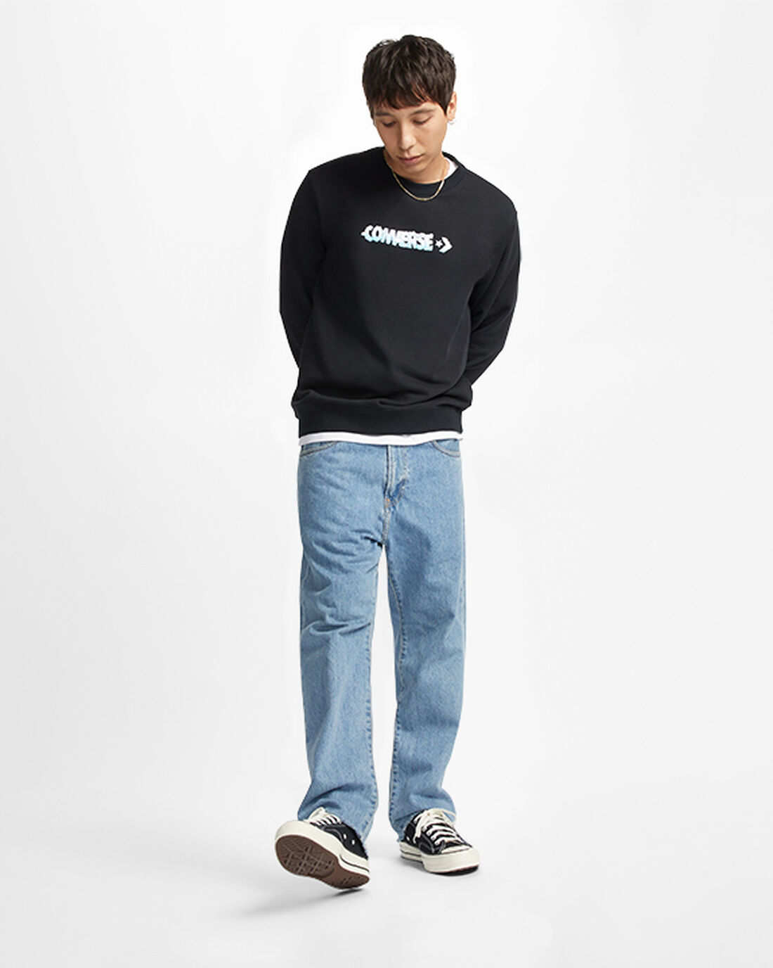 Converse Cloud Grafika Long Sleeve Crew Férfi Pulóverek Fekete | HU86420