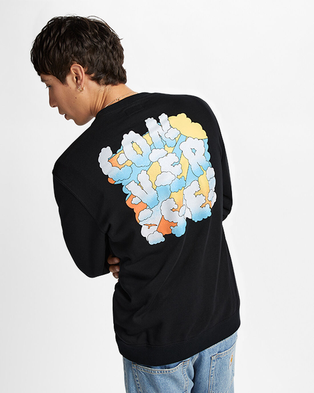 Converse Cloud Grafika Long Sleeve Crew Férfi Pulóverek Fekete | HU86420